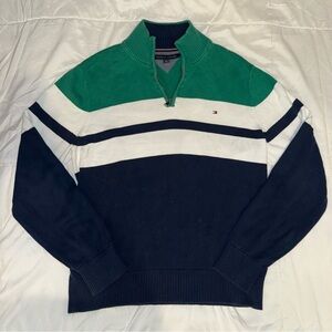 Tommy Hilfiger Men's Green, White, and Navy Zip-Up Pullover Sweater